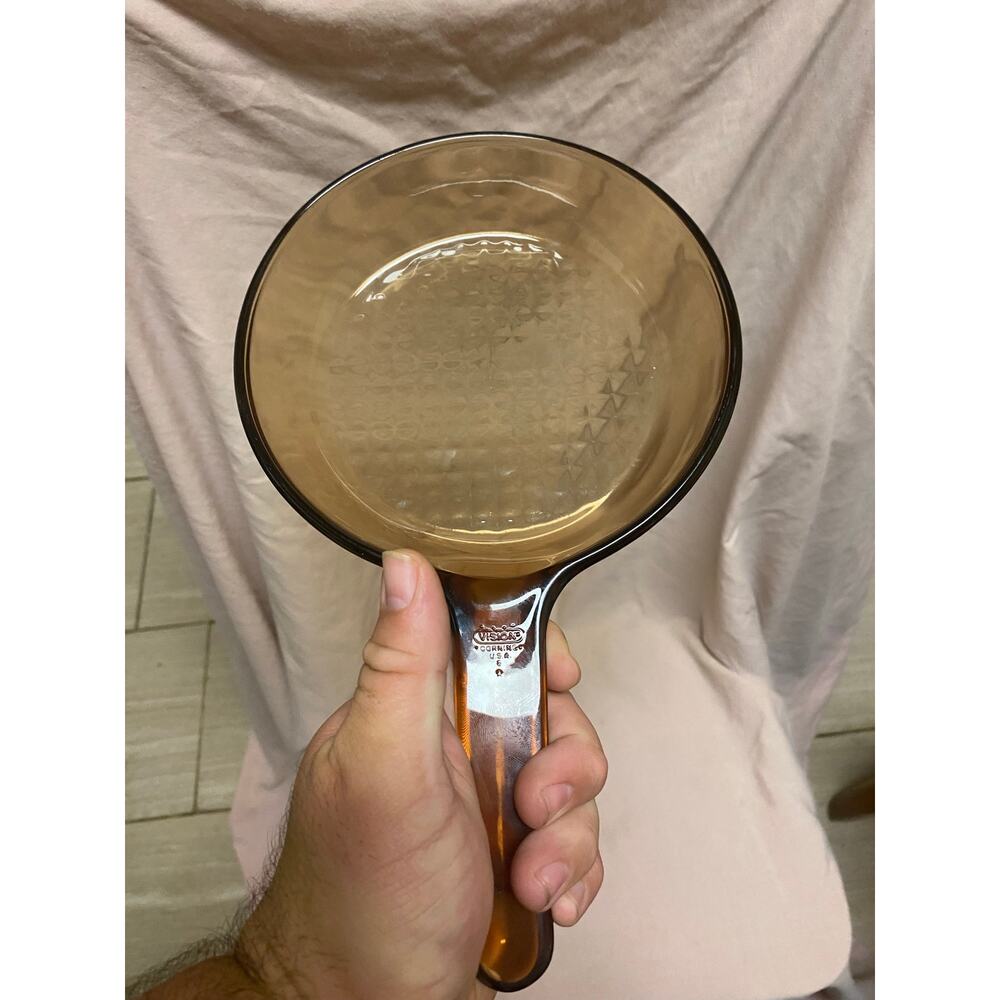 Vintage Corning Ware Visions Amber Pyrex Glass 10" Waffle Bottom Fry Pan Skillet